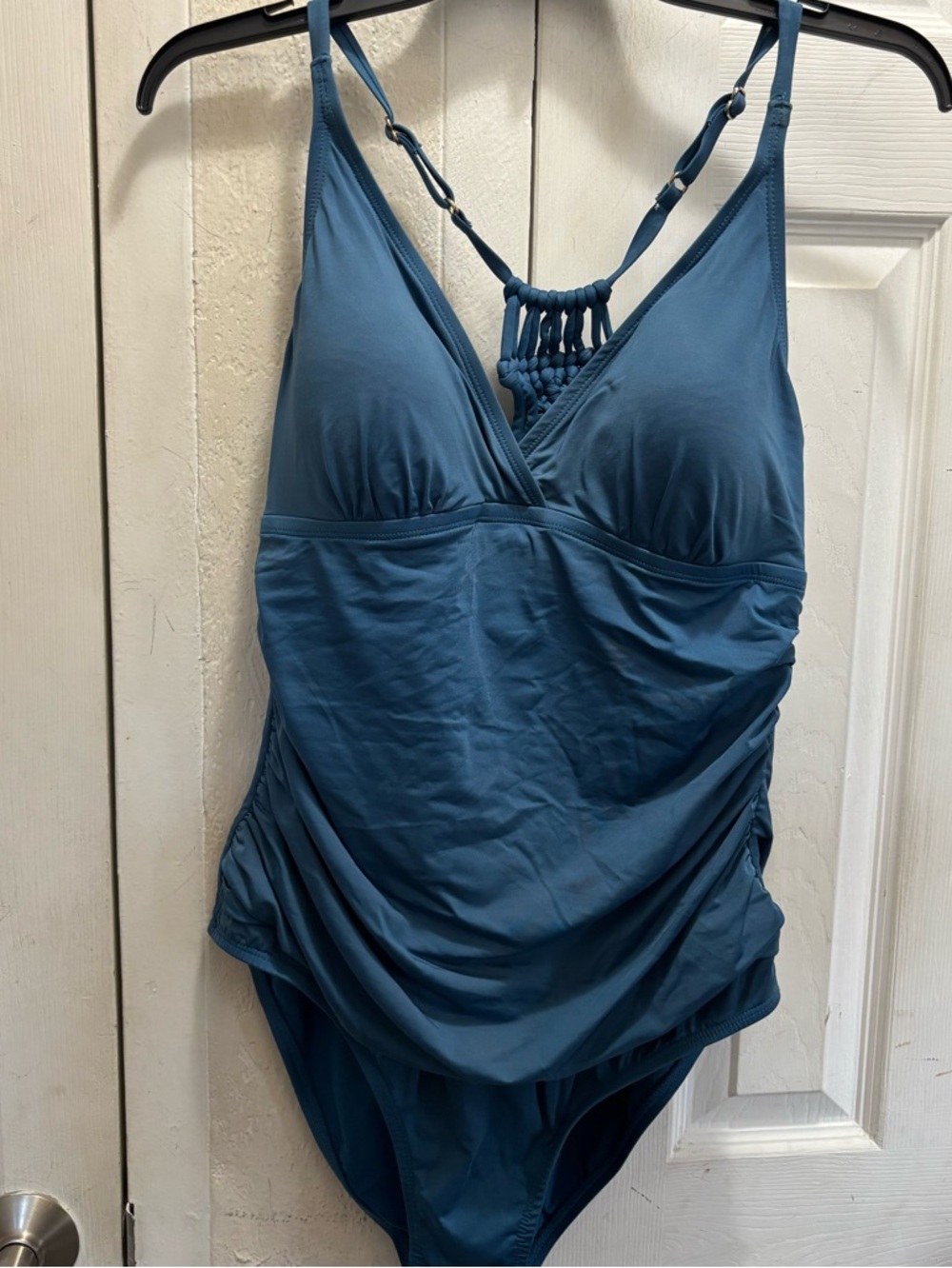 Pearl Teal Blue Macramé One-Piece Swimsuit